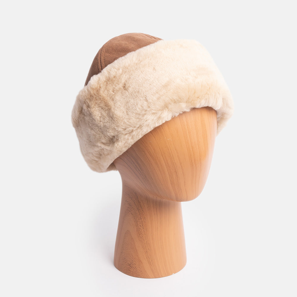 womens brown Suede Hat with cream shearling brim and lining