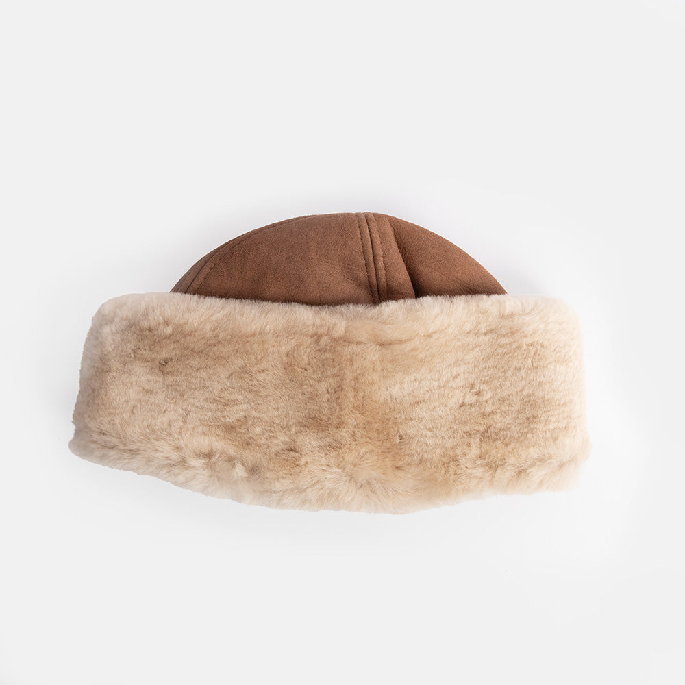 womens brown Suede Hat with cream shearling brim and lining