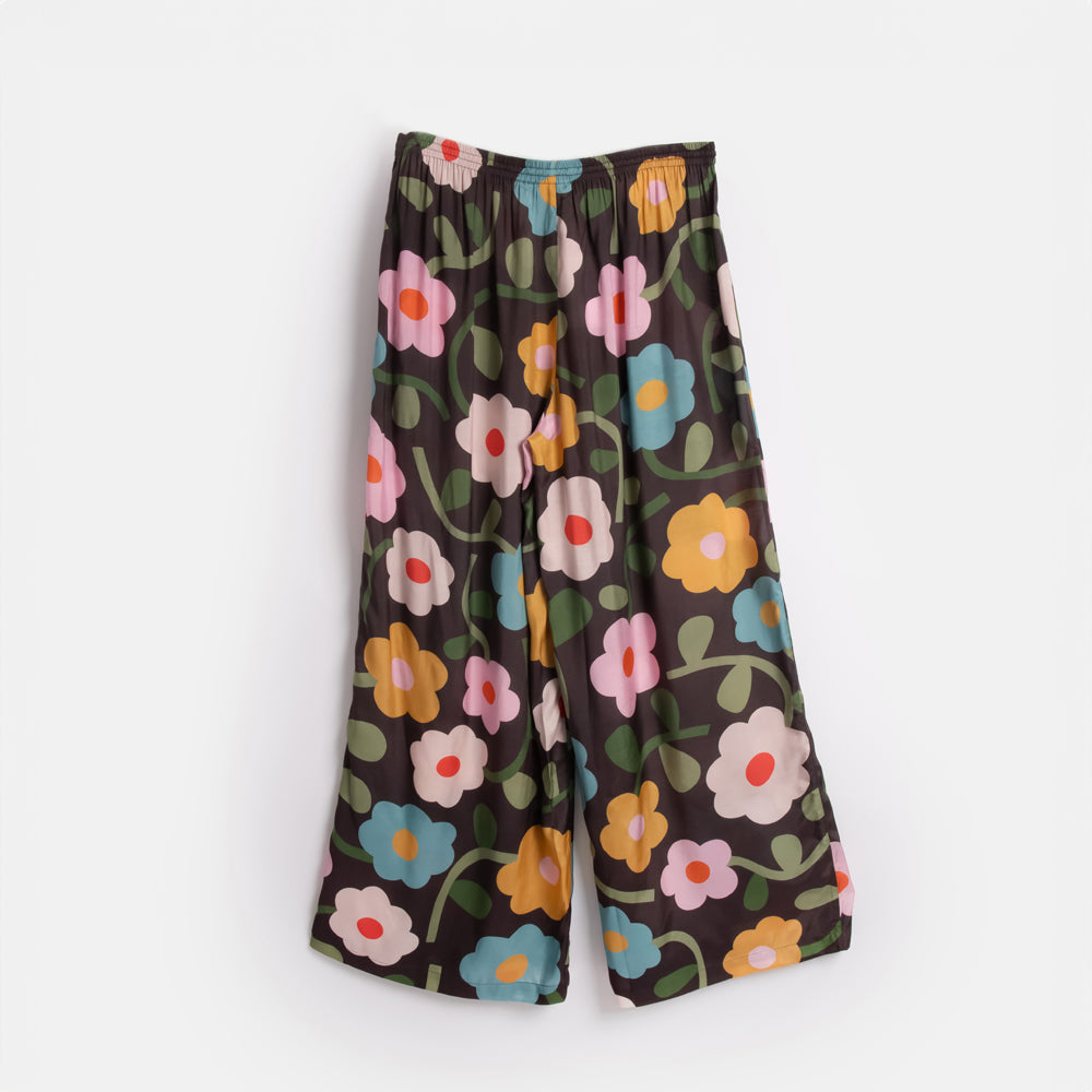 women's charcoal and multi coloured flower print wide leg pyjama trouser, lounge pant