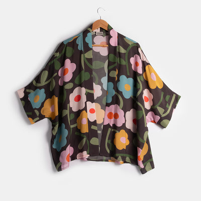 women's charcoal and colourful flowers kimono top