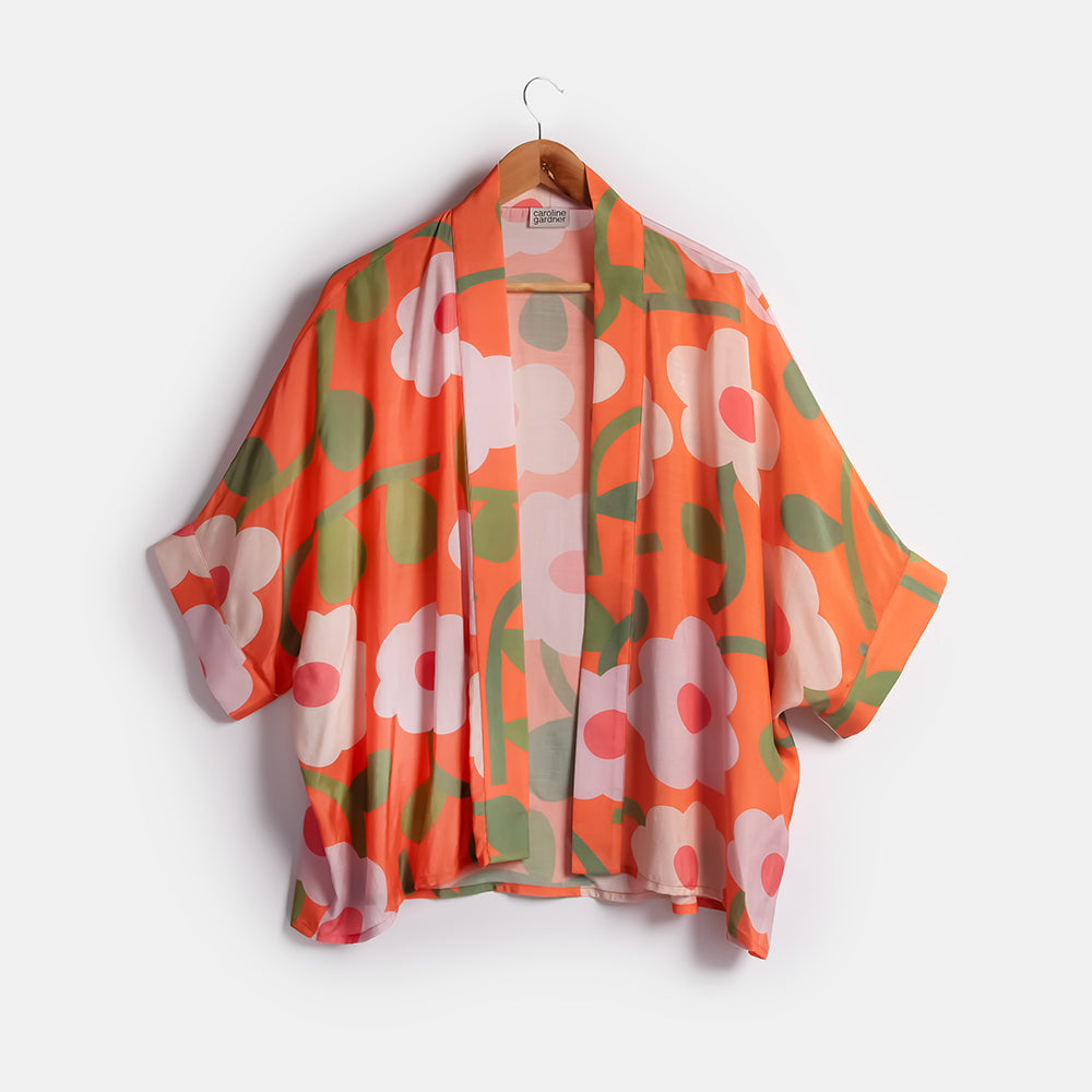 women's orange with pink flowers print short kimono