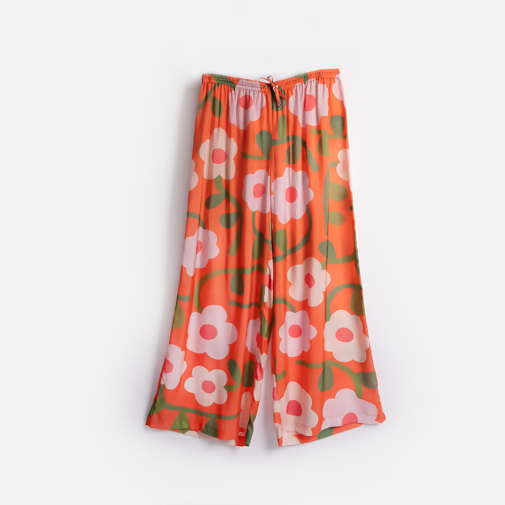 women's orange with pink flower print wide leg trouser/lounge pant