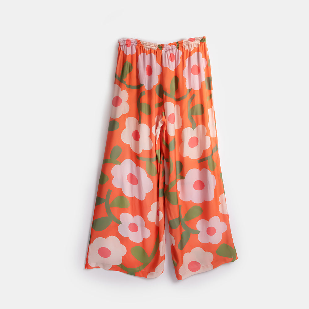 women's orange with pink flower print wide leg trouser/lounge pant