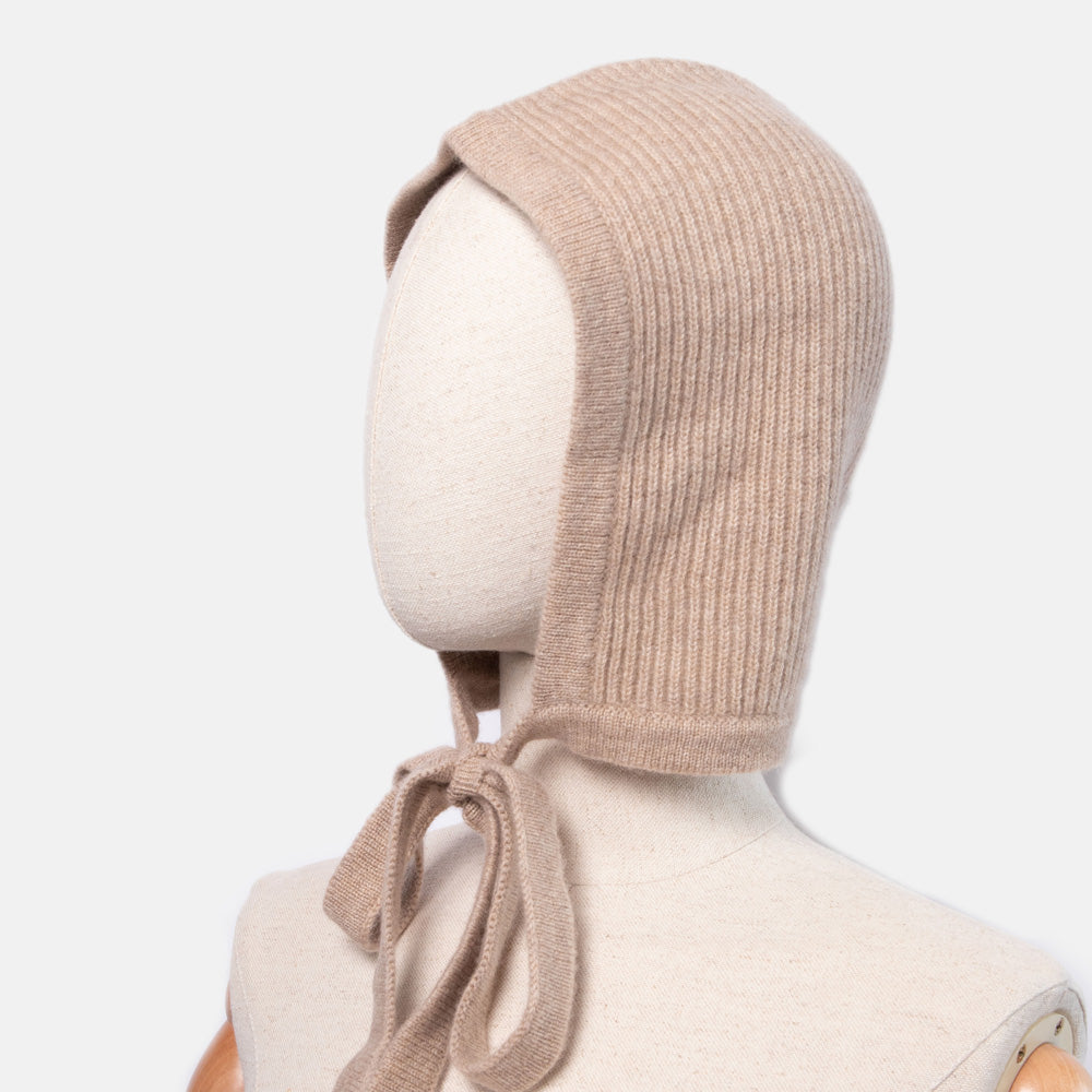 women's taupe knitted cashmere bonnet with neck tie