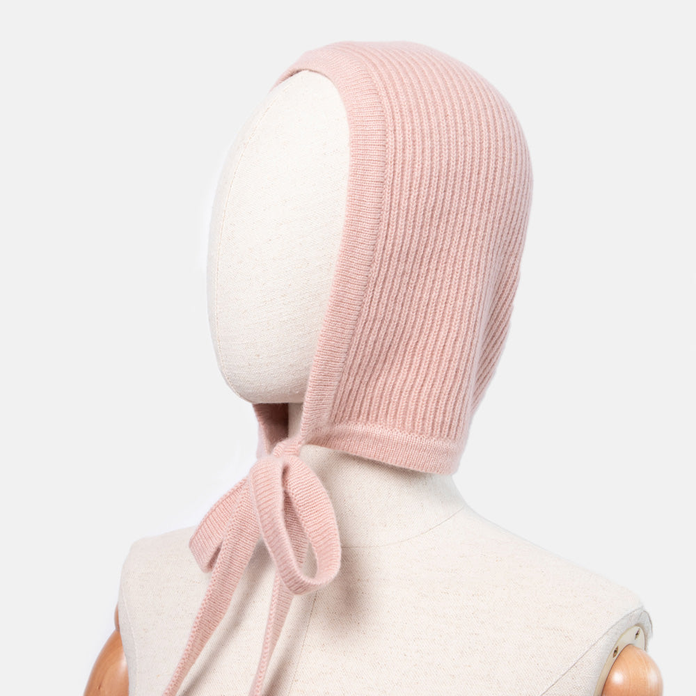 women's pale pink knitted cashmere bonnet with neck tie