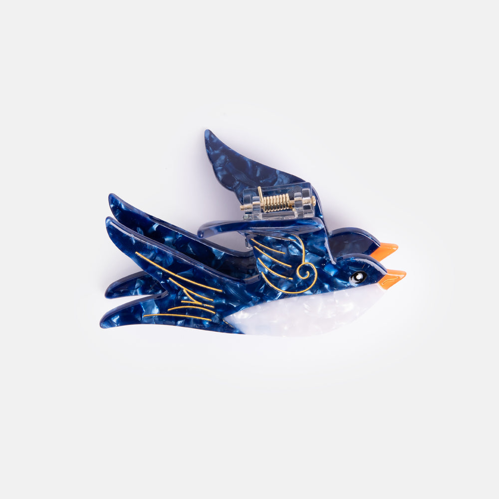 hand painted eco friendly blue swallow hair claw, made by Solar Eclipse