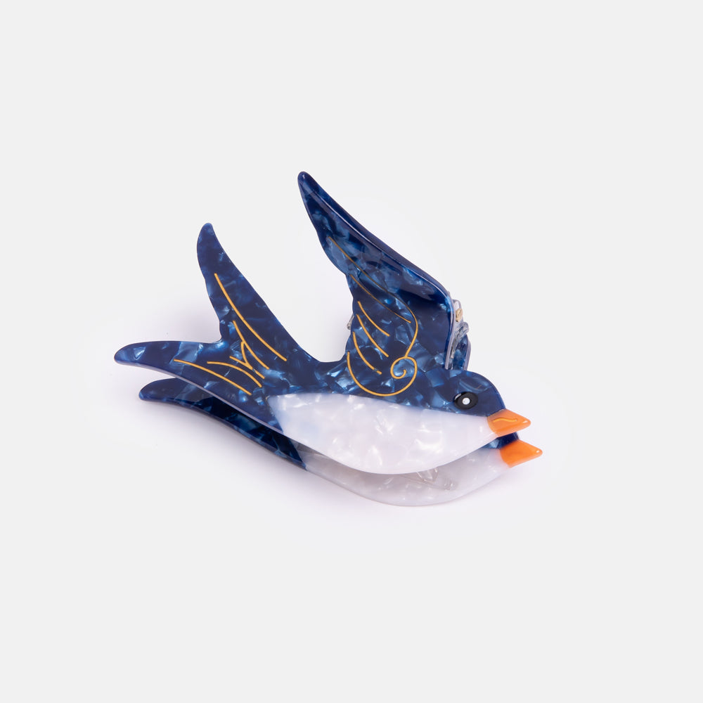 hand painted eco friendly blue swallow hair claw, made by Solar Eclipse