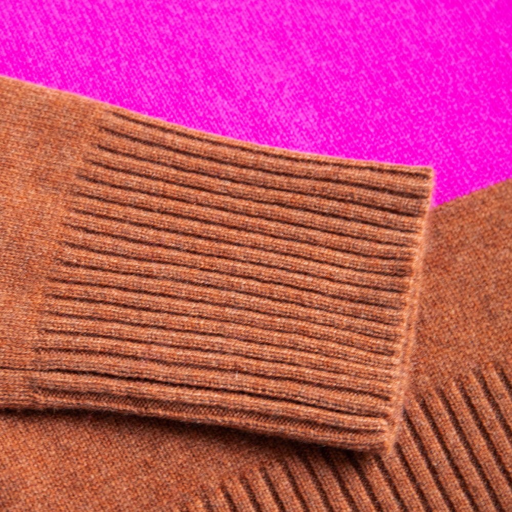 brown and bright pink block stripe roll neck pure cashmere jumper, made by Cocoa Cashmere