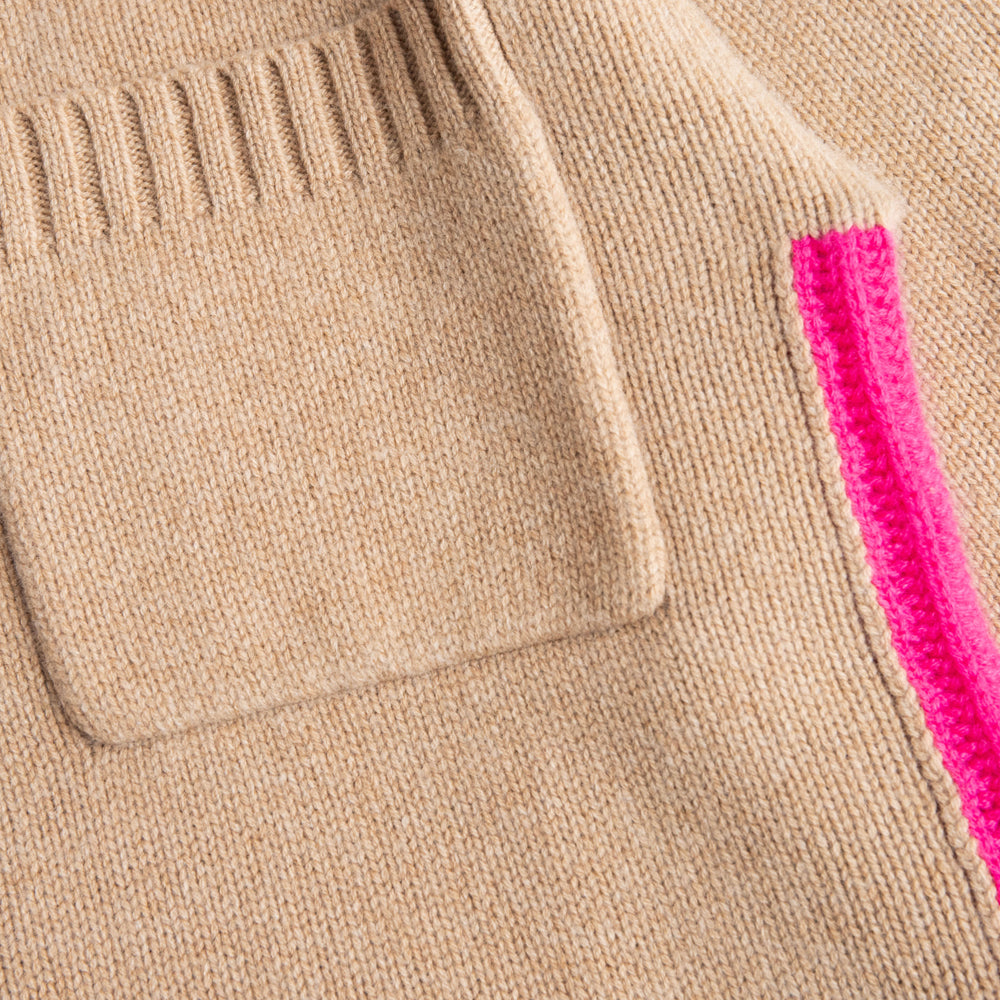 fudge brown merino & cashmere blend funnel neck jumper with hot pink side panels, made by Cocoa Cashmere