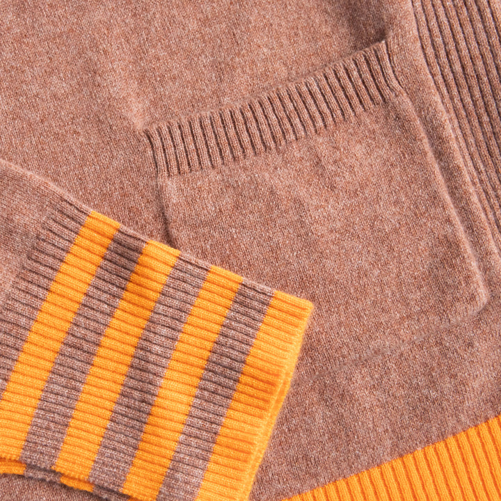 toffee brown pure cashmere crew neck jumper with orange waist trim and striped cuffs, made by Cocoa Cashmere