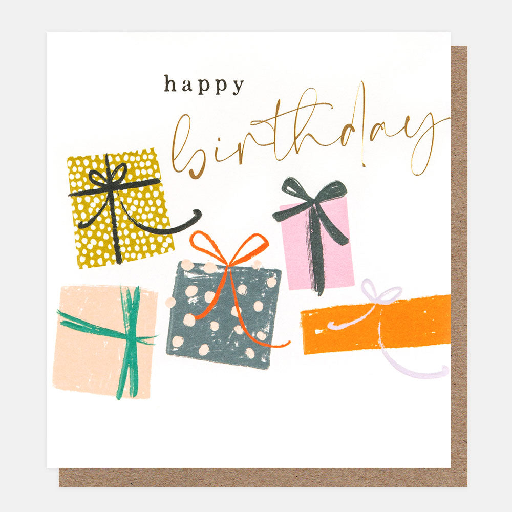 multi coloured patterned gift wrapped presents happy birthday card
