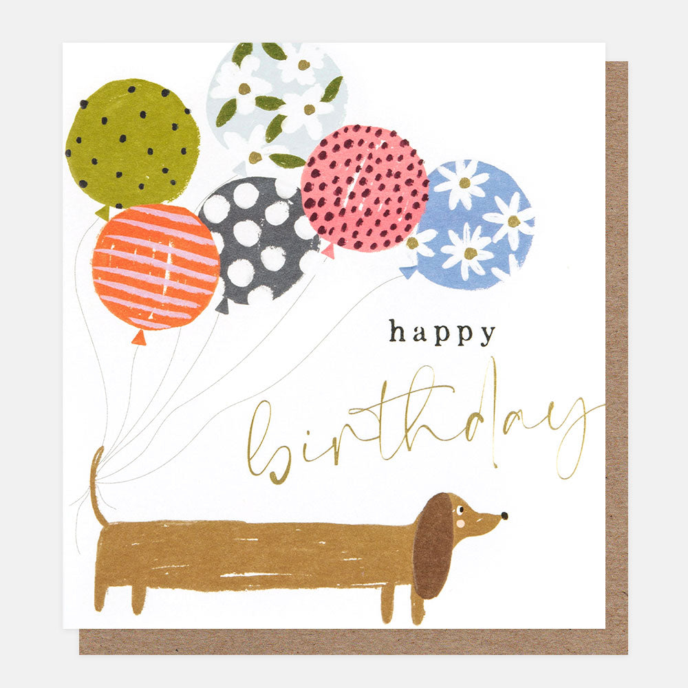 sausage dog and multi coloured balloons happy birthday card