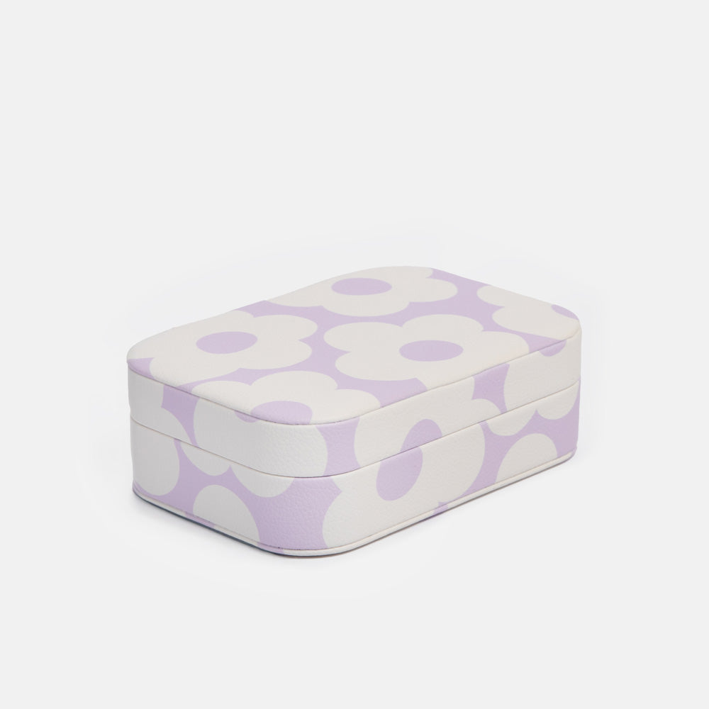 Rectangular jewellery box with a lilac floral pattern on a white background