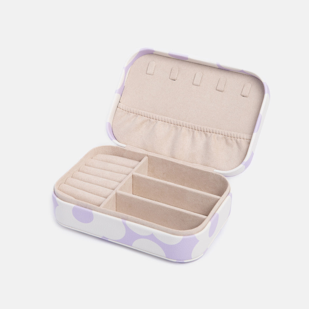 Rectangular jewellery box with a lilac floral pattern on a white background