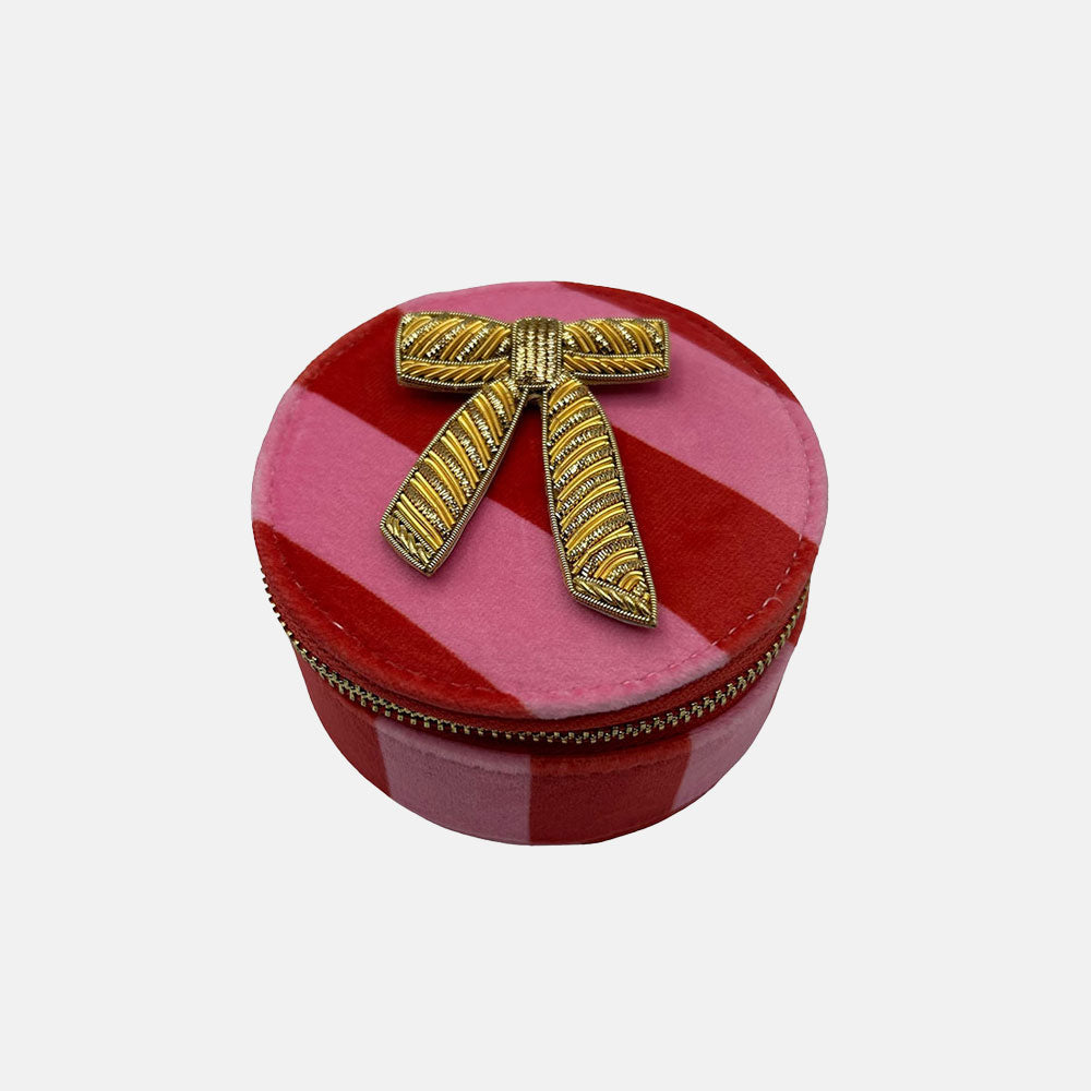 pink stripe velvet travel jewellery box with gold bow brooch 