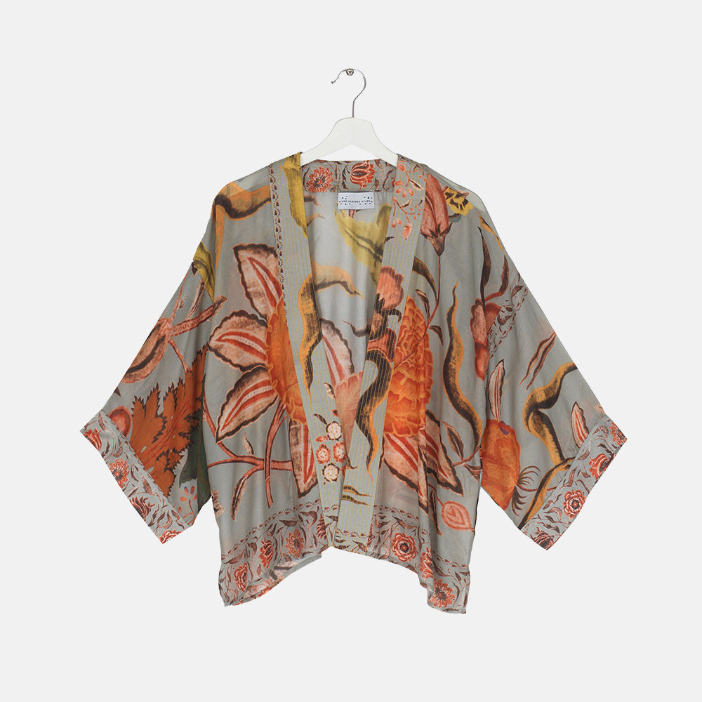 women's grey/orange joy short kimono, made by One Hundred Stars 
