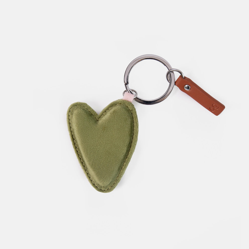 green heart shaped keyring with silver o ring and leather look tab