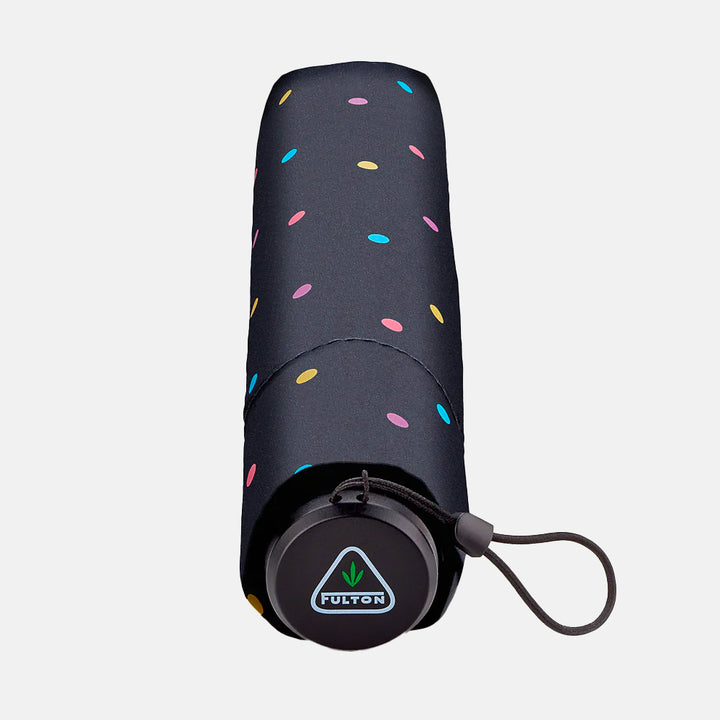 black with multi coloured spots foldaway umbrella made by Fulton