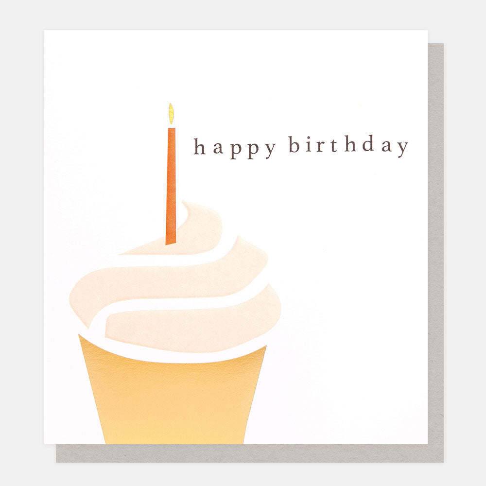 cupcake with a candle in 'happy birthday' card
