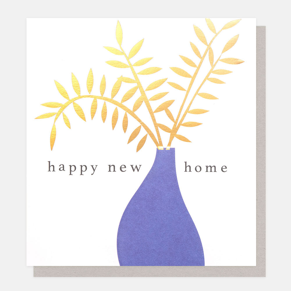 blue vase with gold leaves happy new home card