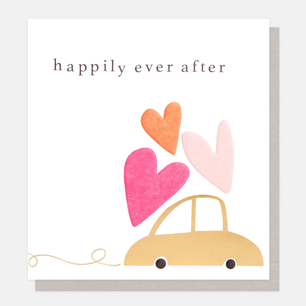 gold car and love hearts 'happily ever after' wedding card