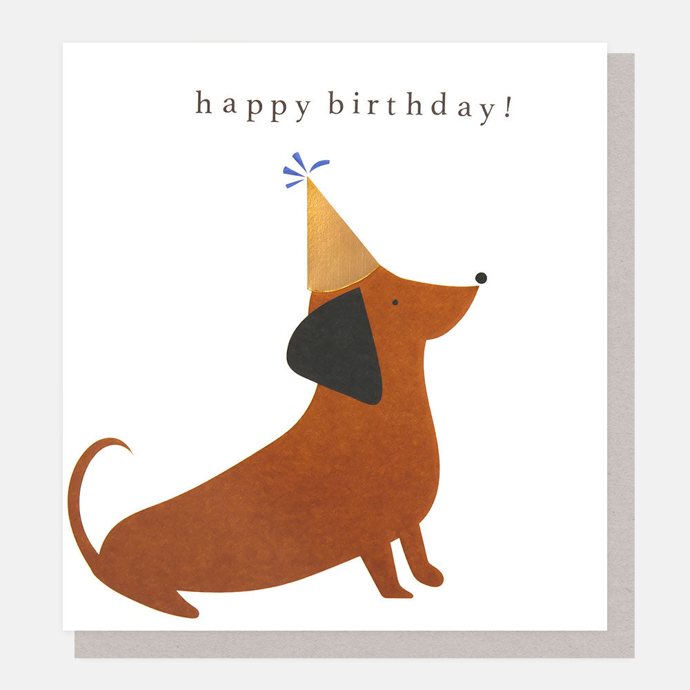 sausage dog in a gold party hat happy birthday card