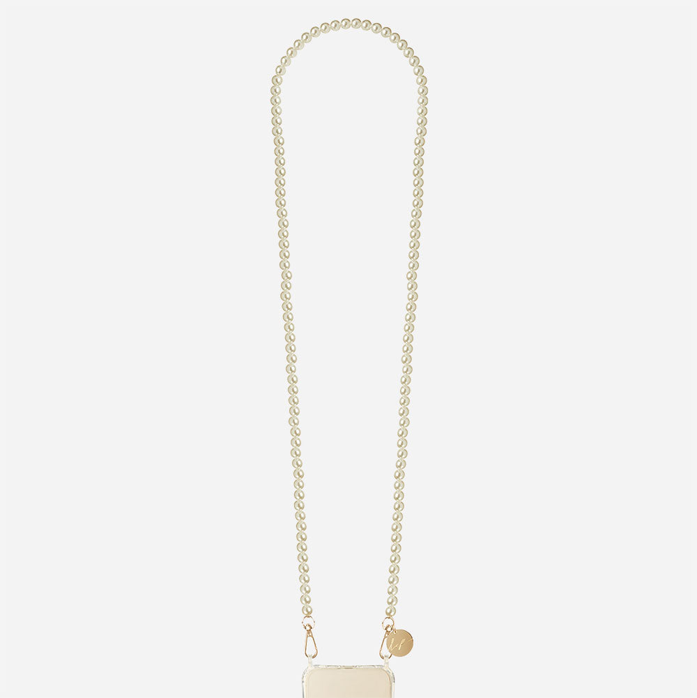 long phone strap with pearls and gold hardware