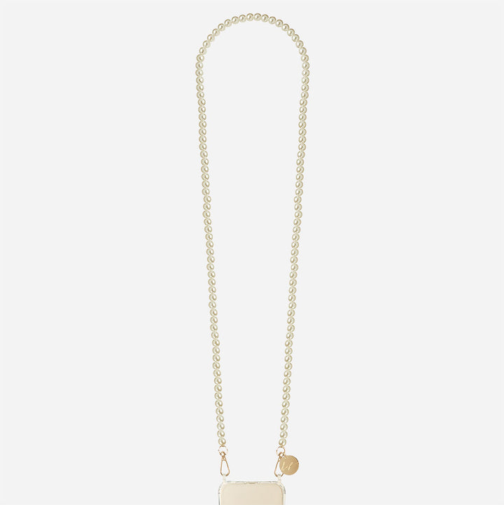 long phone strap with pearls and gold hardware