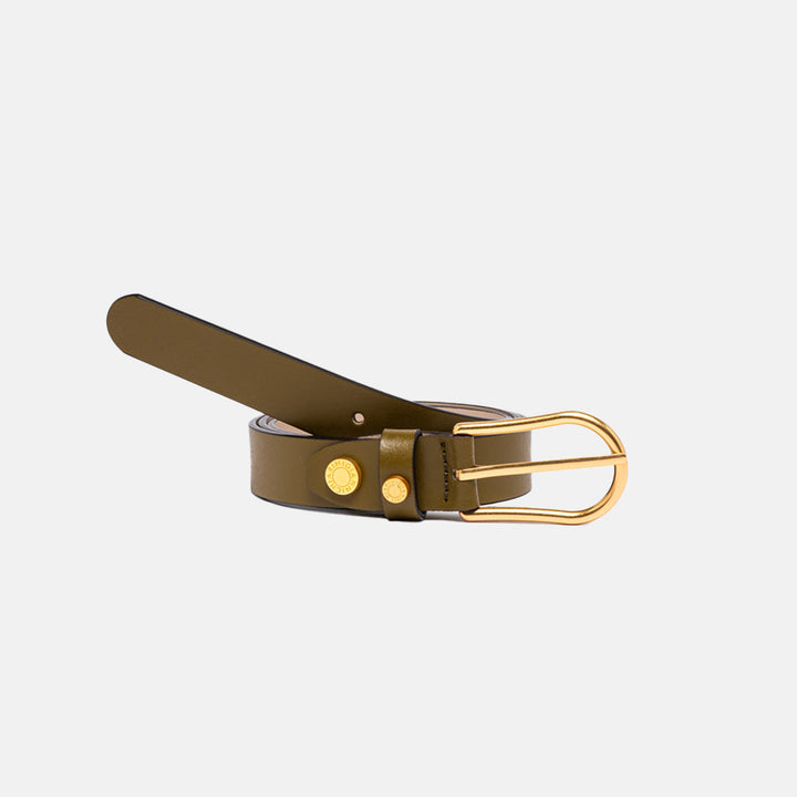 slim moss green patent leather belt with gold buckle, made in Italy by Gianni Chiarini