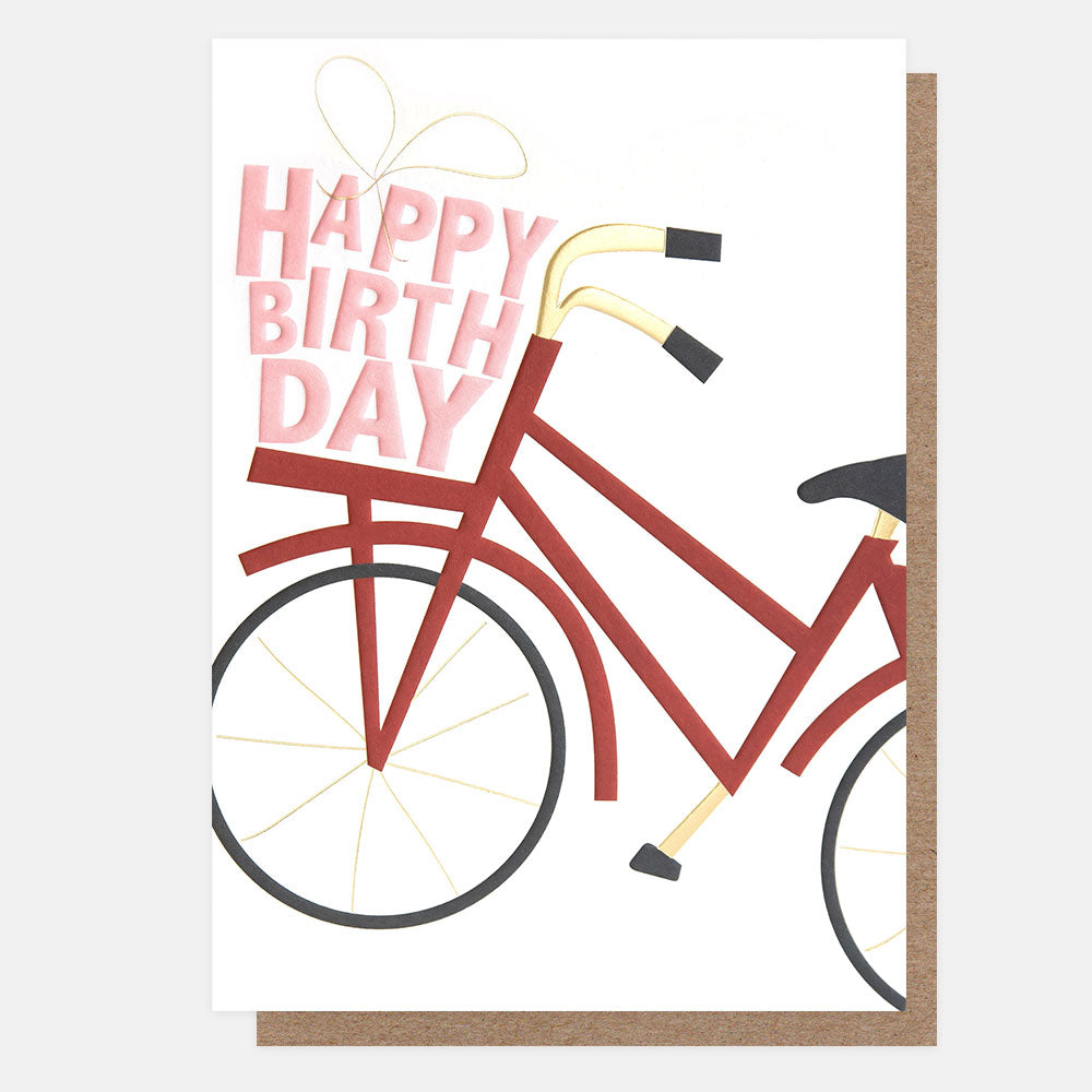 red bike with present happy birthday card