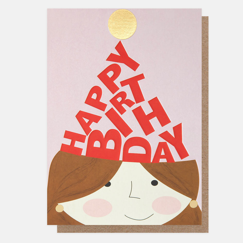 girl n a red party hat happy birthday card