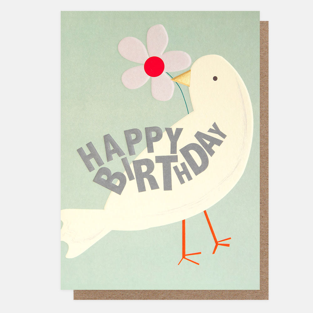 white bird holding a flower happy birthday card