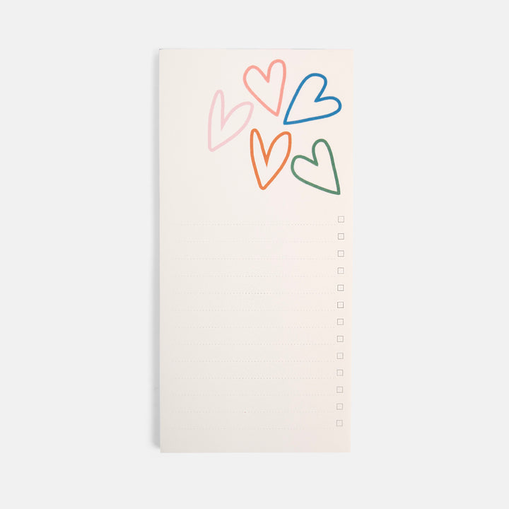 multi coloured hearts print list pad with green and pink stripe back