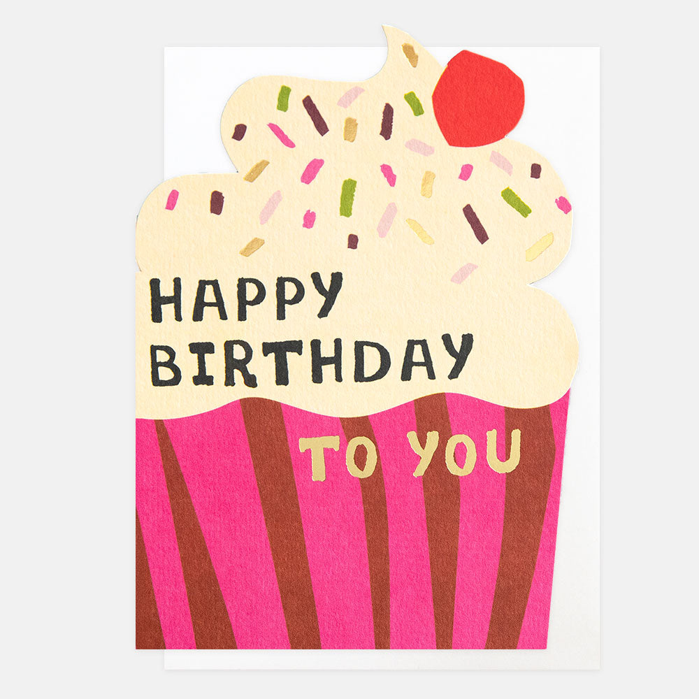 birthday card cut out in a cupcake shape with 'happy birthday to you' message