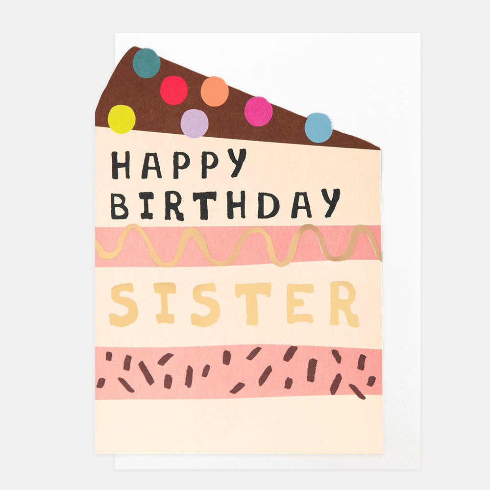 birthday card featuring a slice of cake with colourful balls on top and the words 'happy birthday sister'