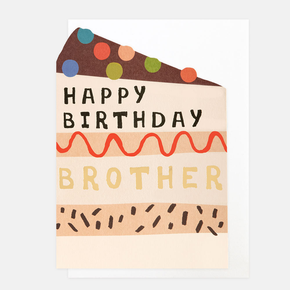 birthday card featuring a slice of cake with colourful balls on top and the words 'happy birthday brother'