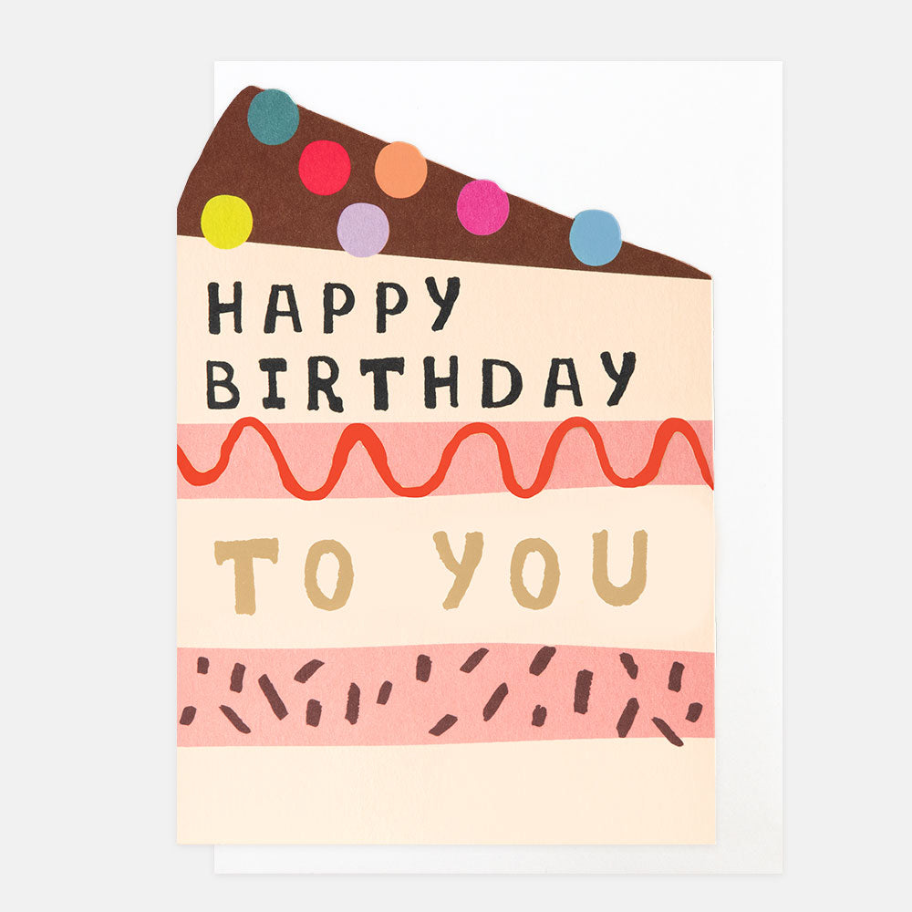 birthday card featuring a slice of cake with colourful balls on top and the words 'happy birthday to you'