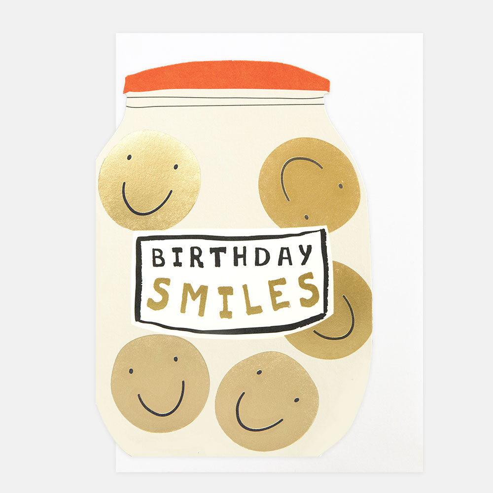 birthday card featuring a jar of gold smiley faces and the words 'birthday smiles'