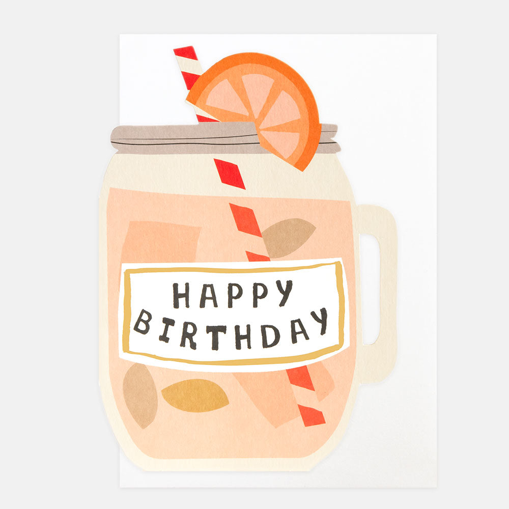 birthday card featuring a pink cocktail in a mason jar with a red striped straw and orange slice