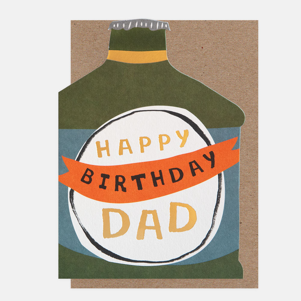 Birthday card with bottle design and 'Happy Birthday Dad' text on a brown background