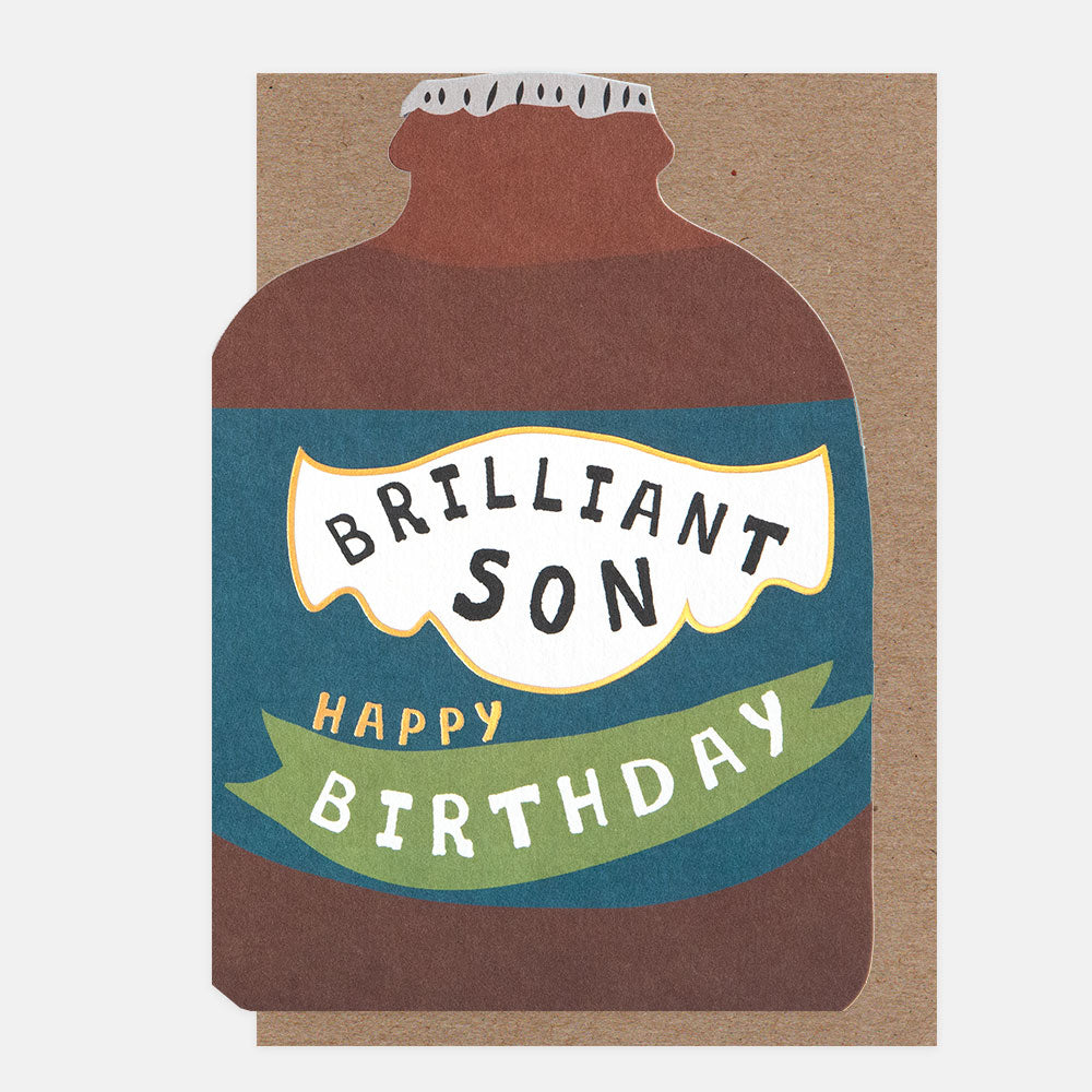 Birthday card with a bottle design and 'Brilliant Son Happy Birthday' text on a brown background