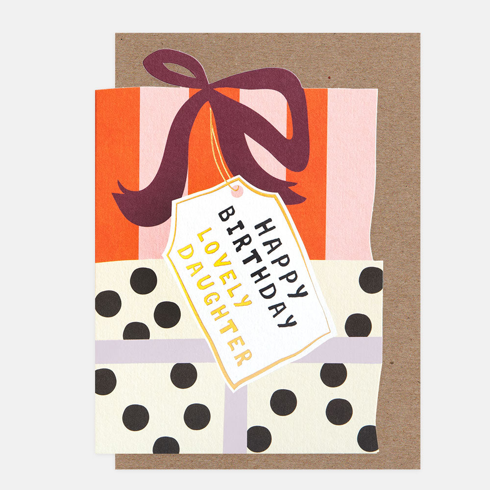 birthday card in the shape of a stack of presents, wrapped in colourful gift wrap with a label with the text 'happy birthday lovely daughter' 