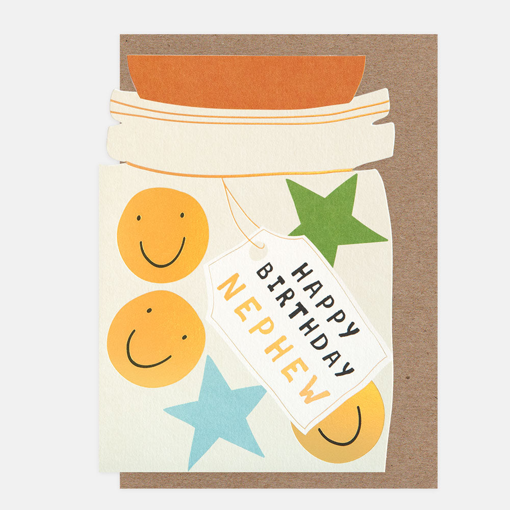 Birthday card for a nephew with smiley faces and stars on a mason jar design.