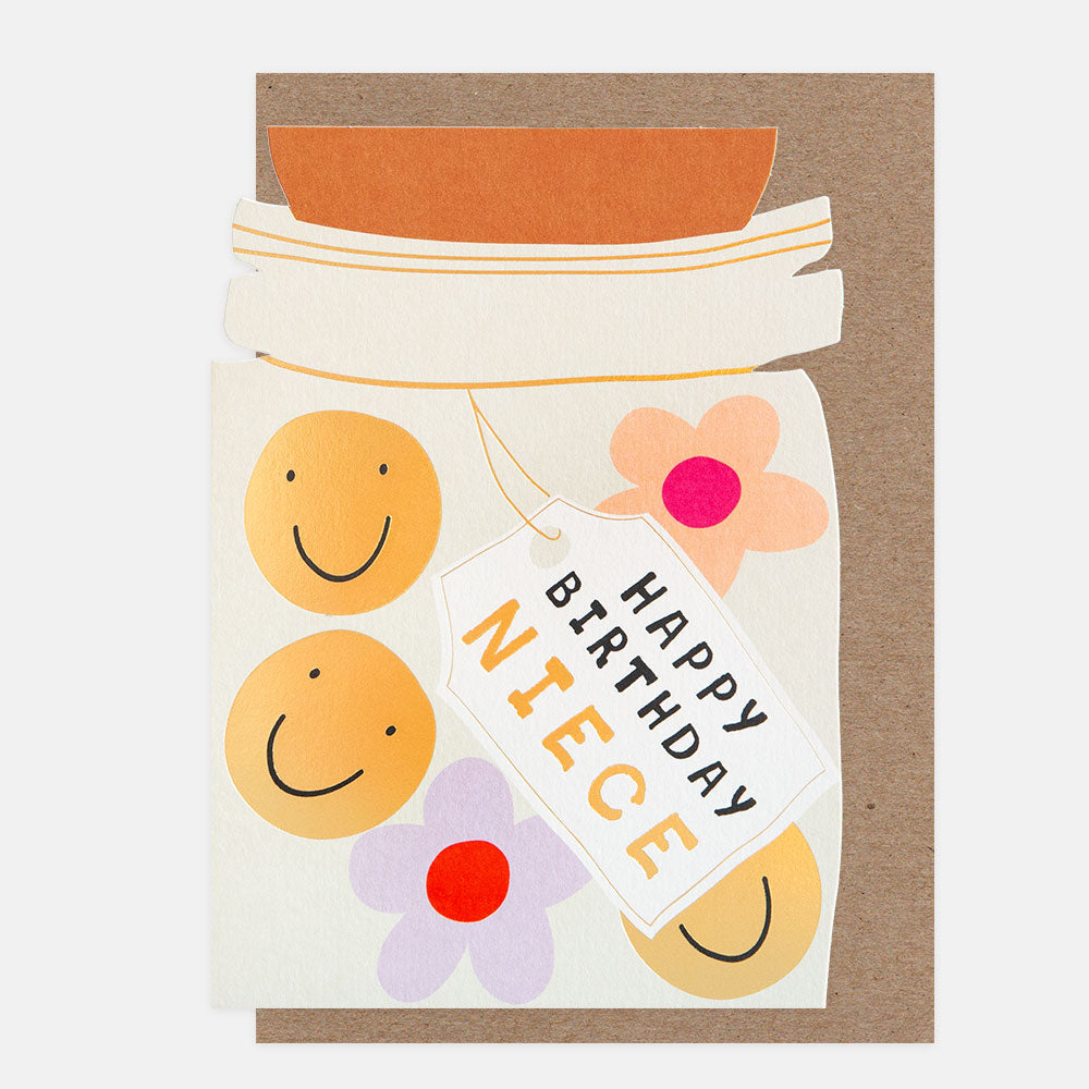 Birthday card for a niece with a jar, smiley faces, and flowers on a white background