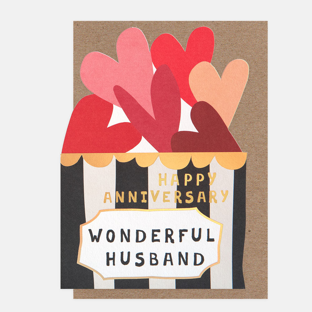 Greeting card with hearts and 'Happy Anniversary Wonderful Husband' text on a brown background