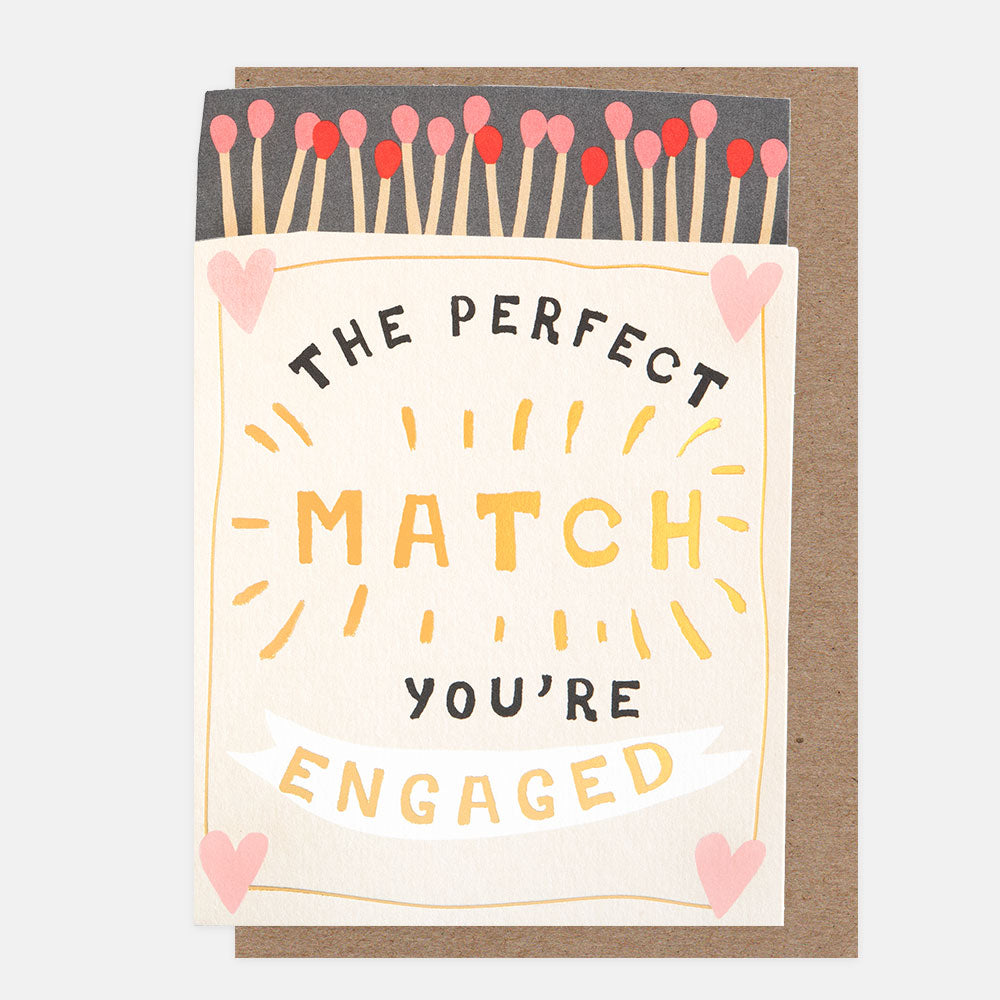 Engagement card with matches and 'The Perfect Match, You're Engaged' text on a light background