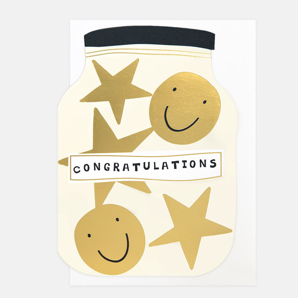 Card with gold stars and smiley faces and 'congratulations' text on a white background