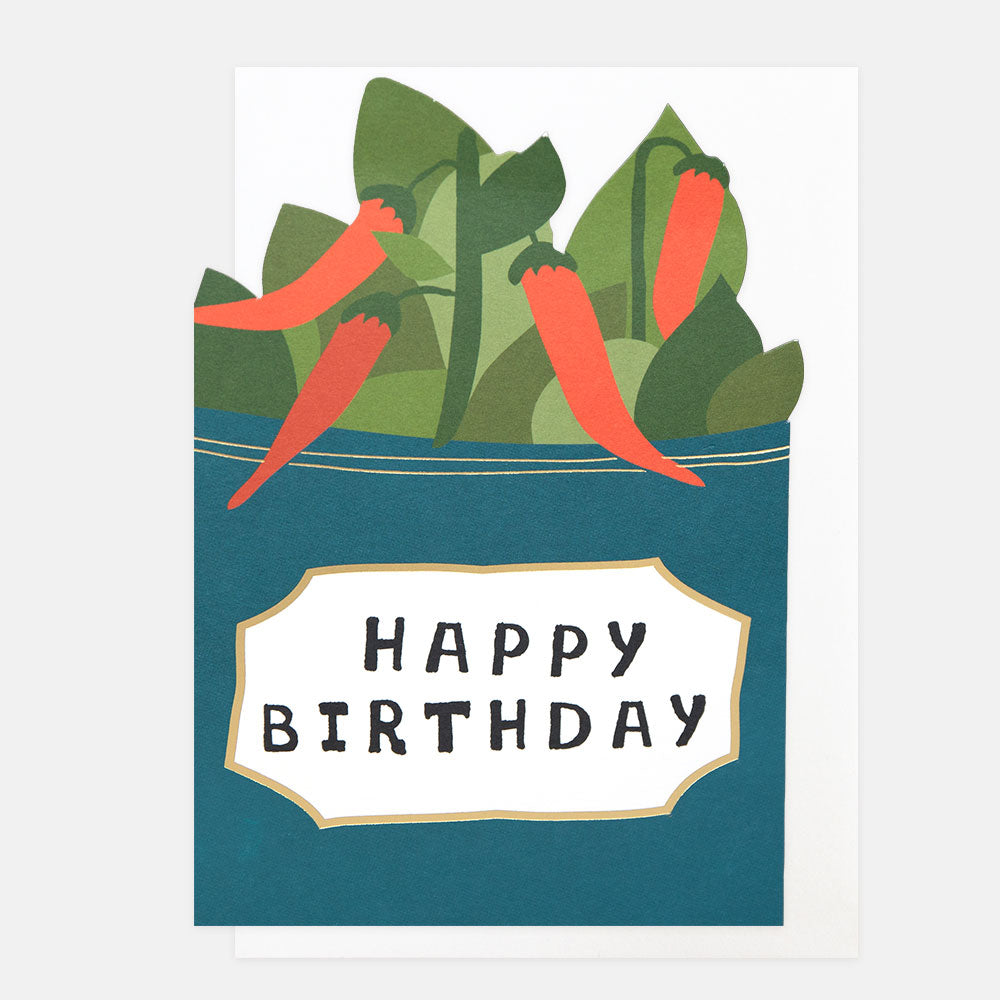 Birthday card with red chillies and 'Happy Birthday' text on a white background