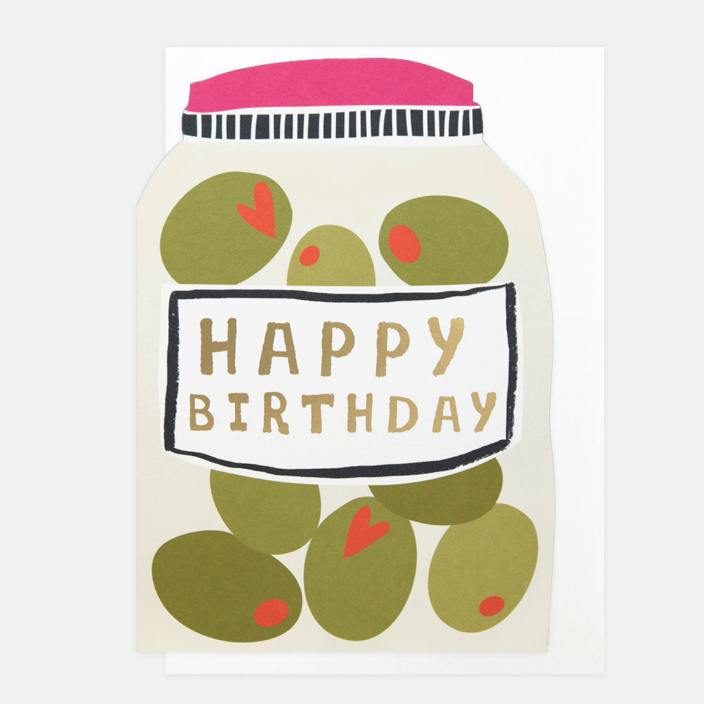 die cut greetings card in the shape of a jar of green olives with happy birthday text
