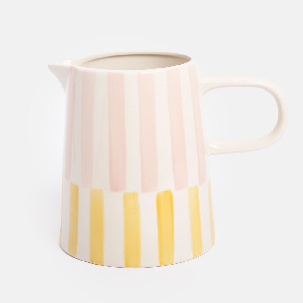 hand painted ceramic stoneware jug with pink & yellow offset stripe design and elongated handle